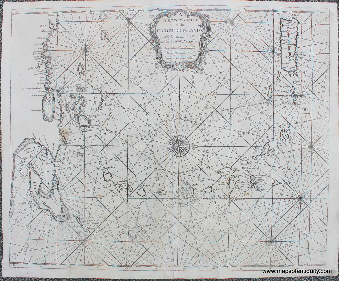Genuine-Antique-Chart-A-Correct-Chart-of-the-Caribbee-Islands-1750-Mount-&-Page-Maps-Of-Antiquity