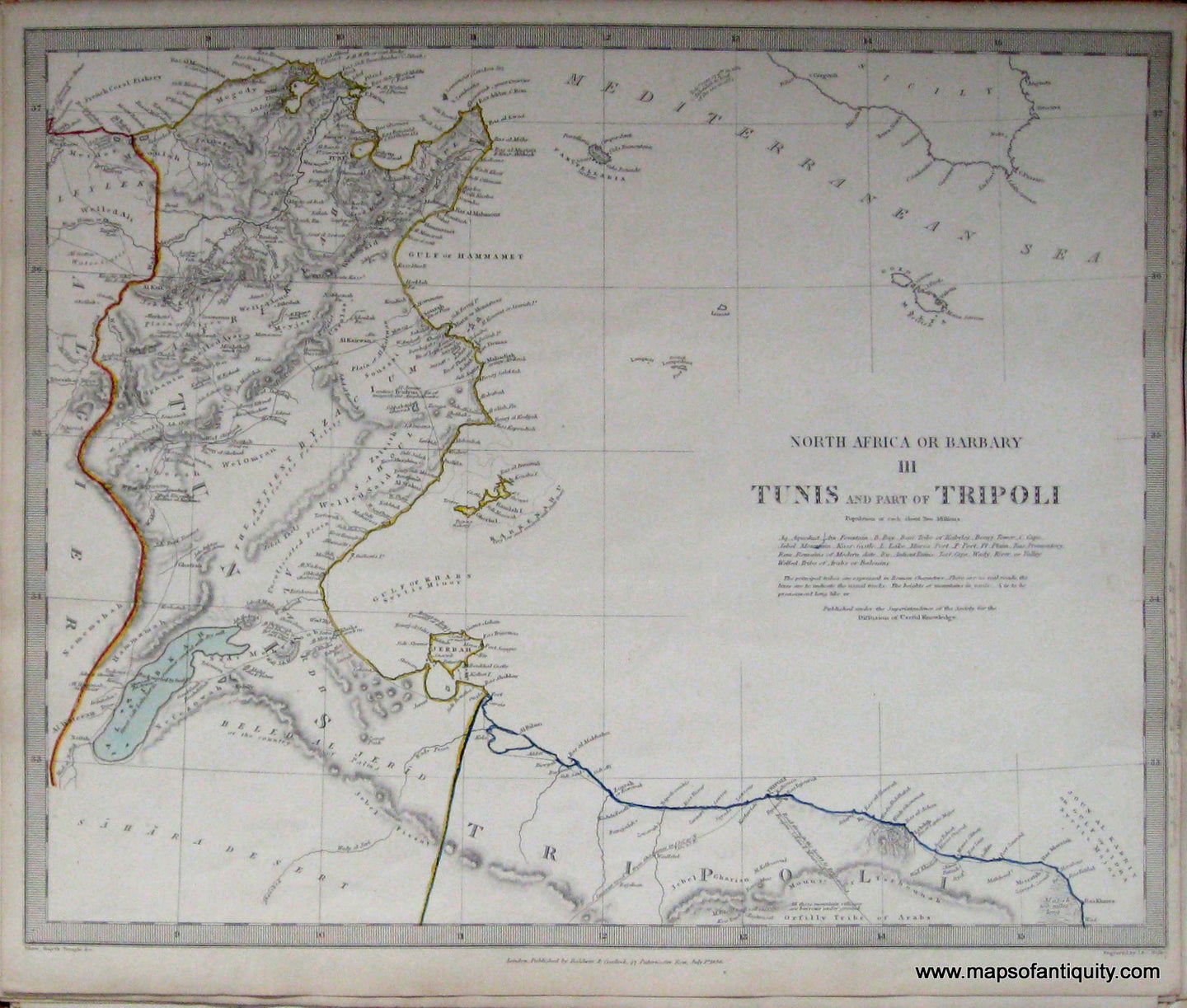 Antique-Hand-Colored-Map-North-Africa-or-Barbary-III-Tunis-and-part-of-Tripoli-Africa-Tunisia-1840/1844-SDUK/Society-for-the-Diffusion-of-Useful-Knowledge-Maps-Of-Antiquity
