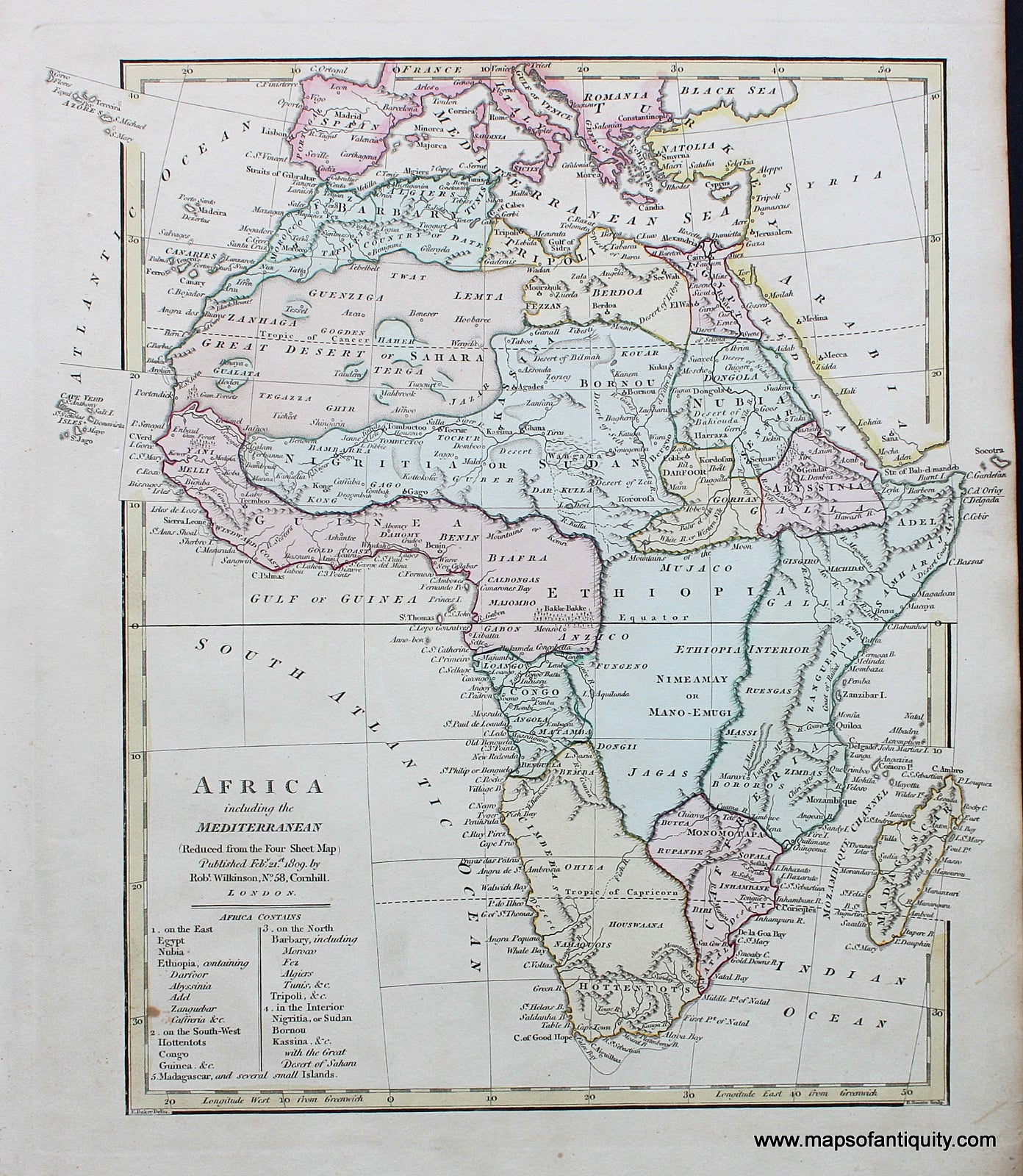 Antique-Hand-Colored-Map-Africa-including-the-Mediterranean**********-Africa-Africa-General-1809-Wilkinson-Maps-Of-Antiquity