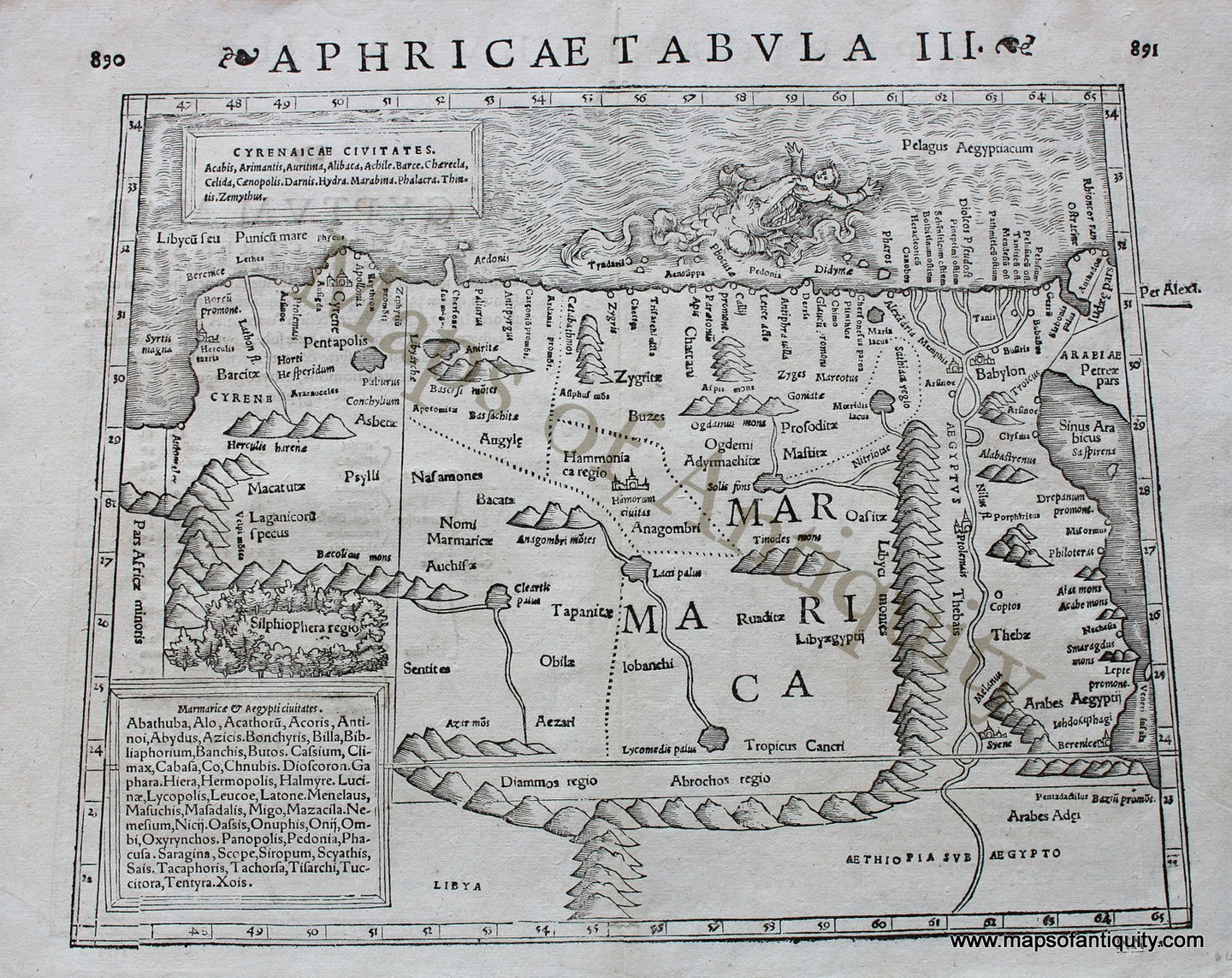 Antique-Black-and-White-Engraved-Map-Aphricae-Tabula-III---890-891-****-North-Africa-Egypt-1542-Munster-Maps-Of-Antiquity