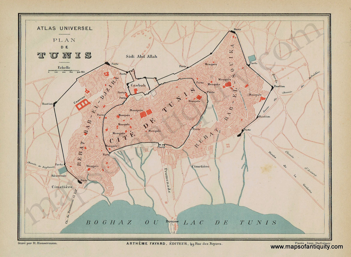 Antique-Map-Plan-Tunis-Tunisia-Africa-1877-Fayard-1870s-1800s