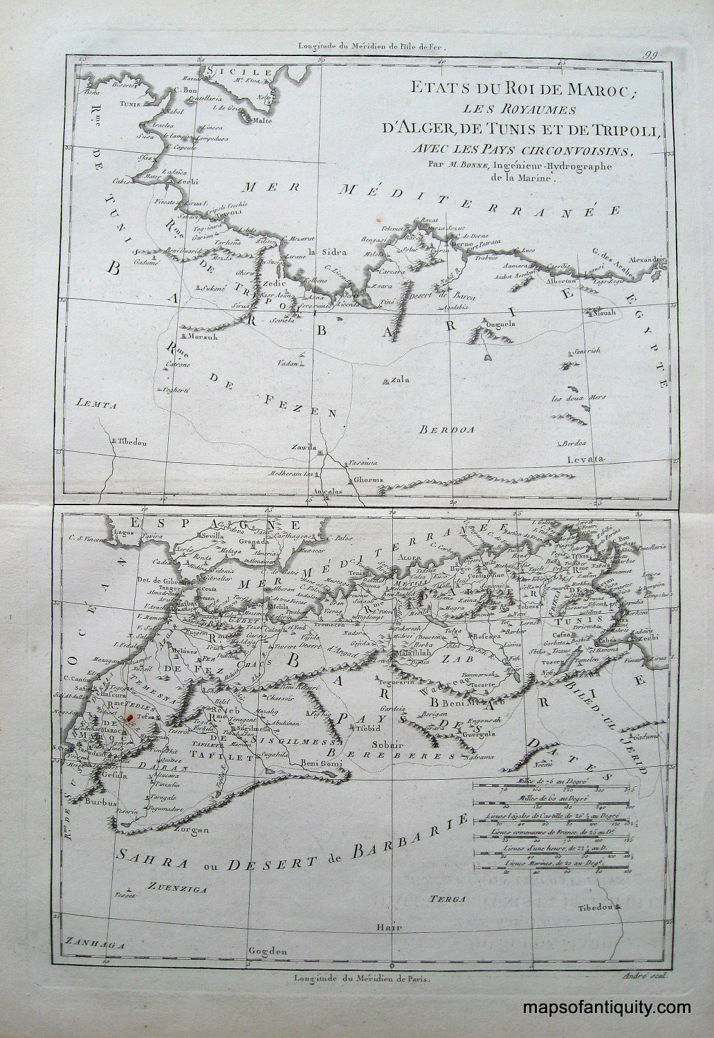 Antique-Black-and-White-Map-Etats-Du-Roi-de-Maroc-Les-Royaumes-D'Alger-De-Tunis-et-de-Tripoli-Avec-les-Pays-Circonvoisins--Africa-Africa-1780-Bonne-Maps-Of-Antiquity