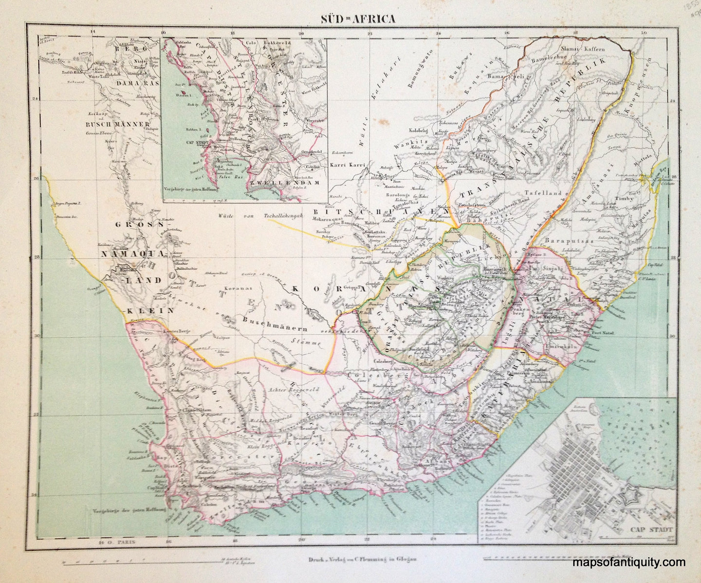 Antique-Hand-Colored-Map-Sud-Africa-South-Africa-**********-Africa--c.-1859-Flemming-Maps-Of-Antiquity