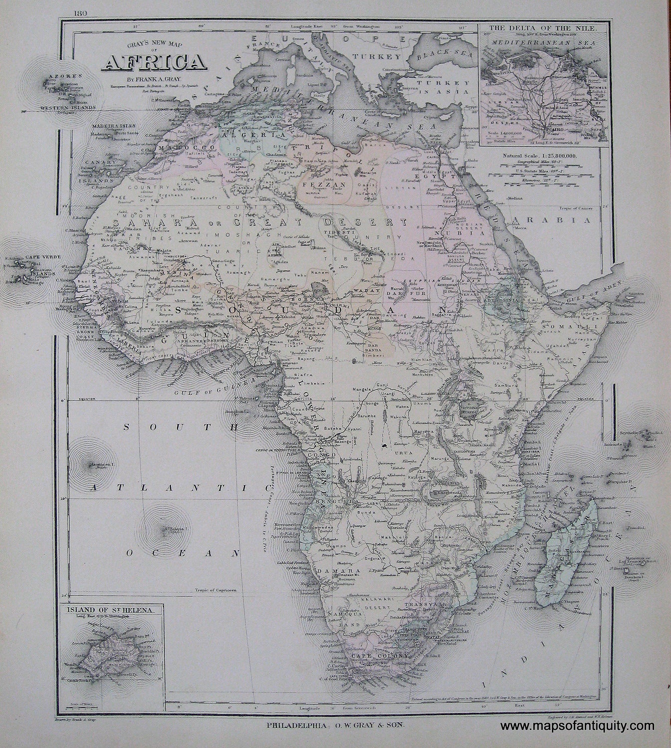 Antique-Hand-Colored-Map-Gray's-New-Map-of-Africa-******-Africa-Africa-General-1881-Gray-Maps-Of-Antiquity