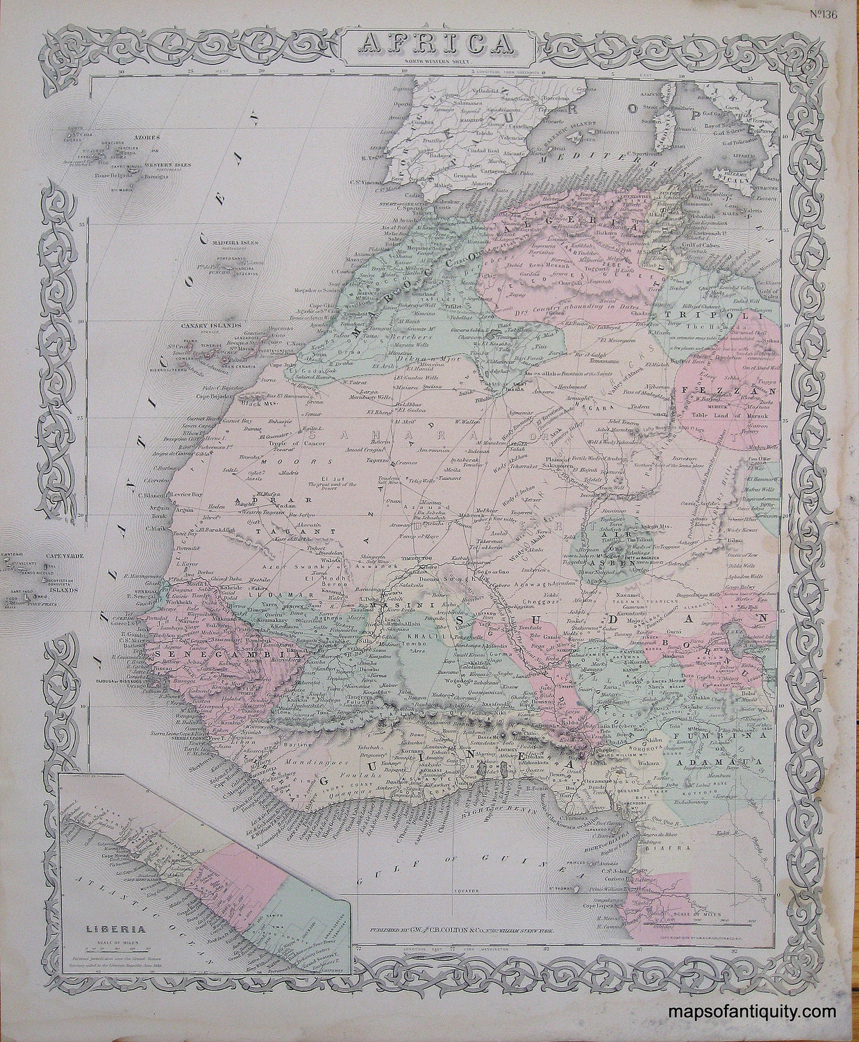 Antique-Hand-Colored-Map-Colton's-Africa-North-Western-Sheet-Africa-Africa-General-1887-Colton-Maps-Of-Antiquity