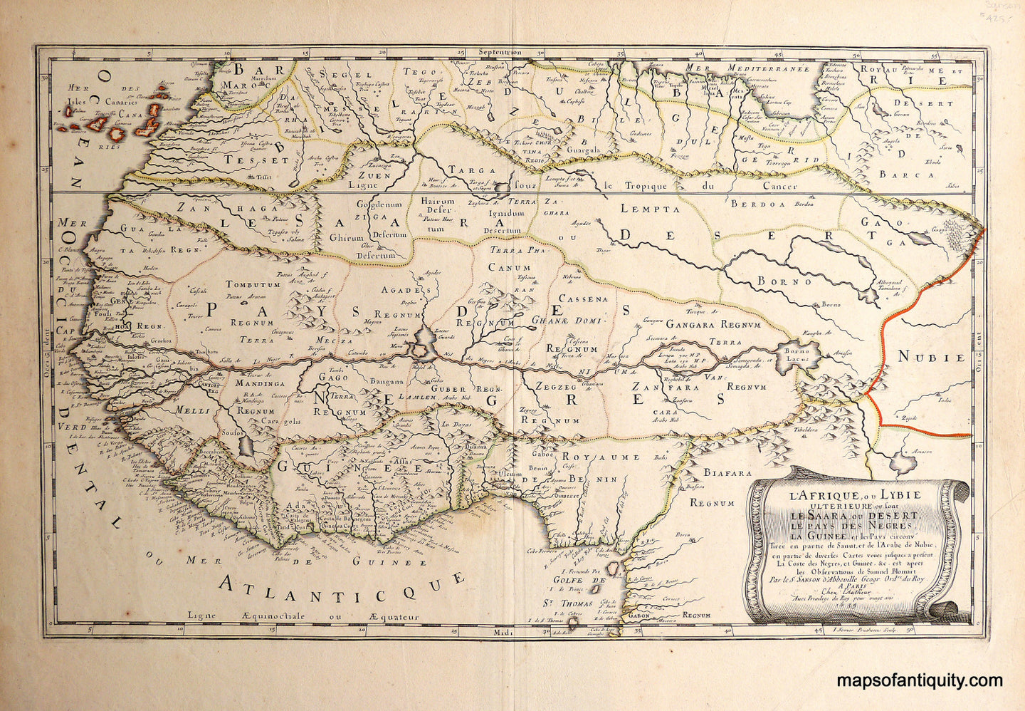 Antique-Hand-Colored-Map-L'Afrique-ou-Lybie-Africa--1655-Nicholas-Sanson-d'Abbeville-Maps-Of-Antiquity