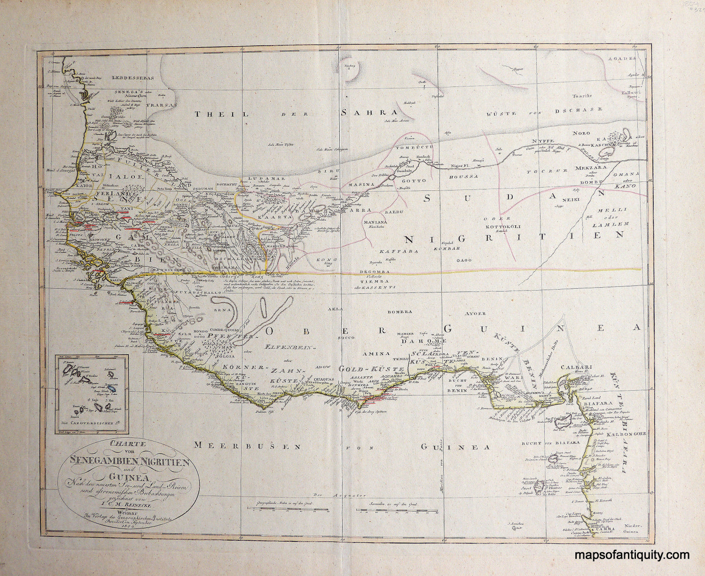 Antique-Hand-Colored-Map-Charte-von-Sienegambien-Nigritien-und-Guinea-Africa--1804-Reinecke-Maps-Of-Antiquity