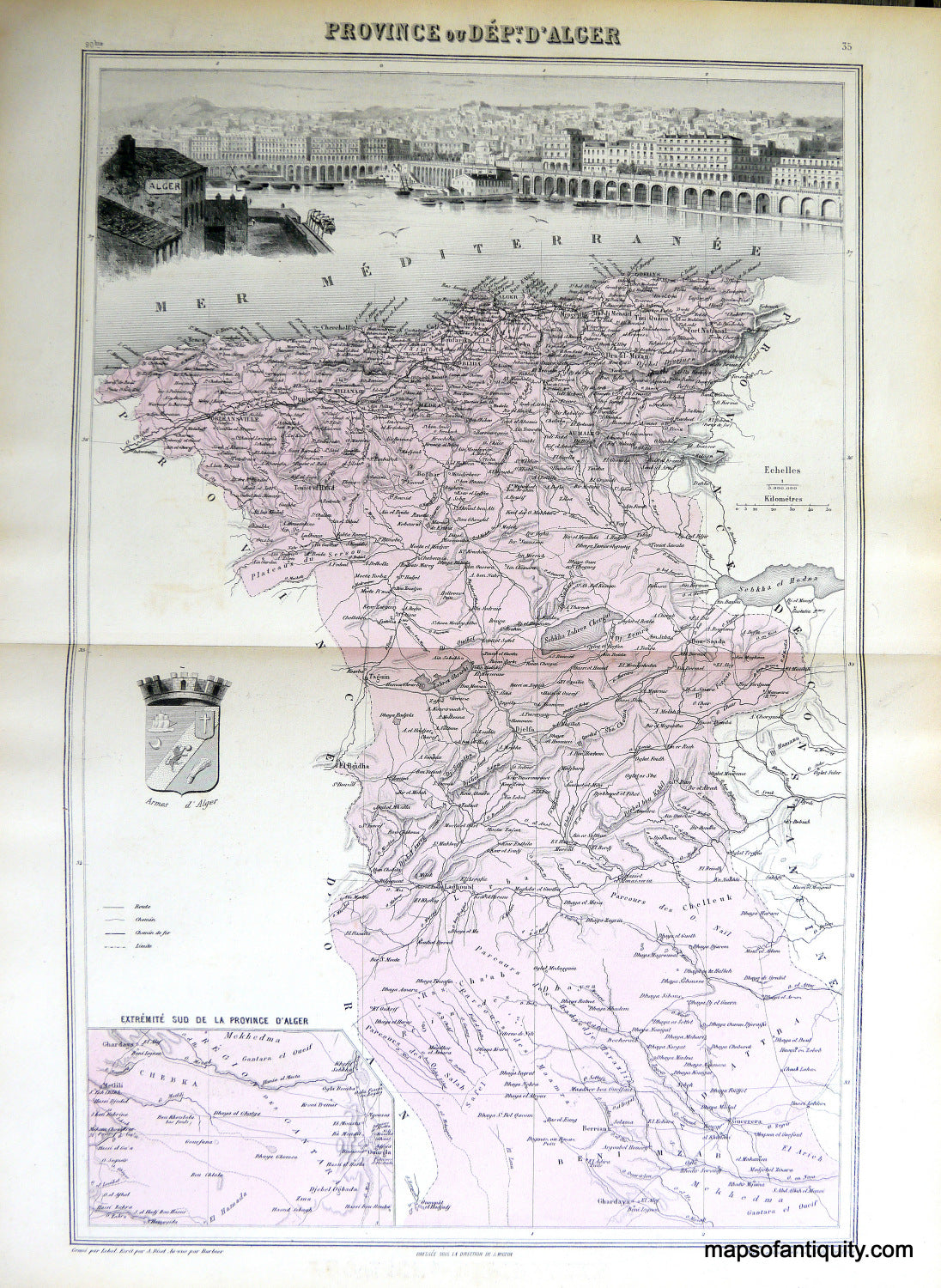 Antique-Hand-Colored-Map-Province-ou-Dept.-d'Alger-Africa--1884-Migeon-Maps-Of-Antiquity