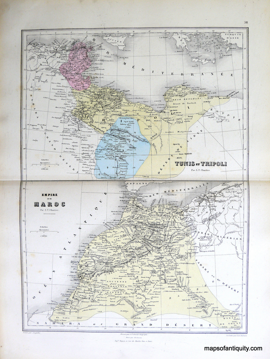 Antique-Hand-Colored-Map-Tunis-et-Tripli-Empire-Maroc-Africa--1884-Migeon-Maps-Of-Antiquity