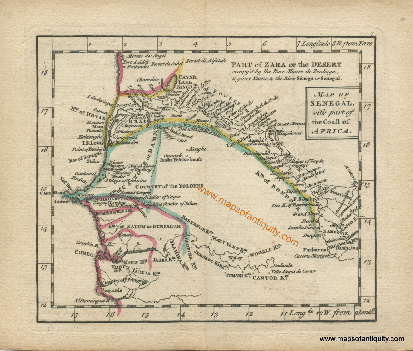 Antique-Hand-Colored-Map-Map-of-Senegal-with-part-of-the-Coast-of-Africa-Africa--1761-Dury-Maps-Of-Antiquity