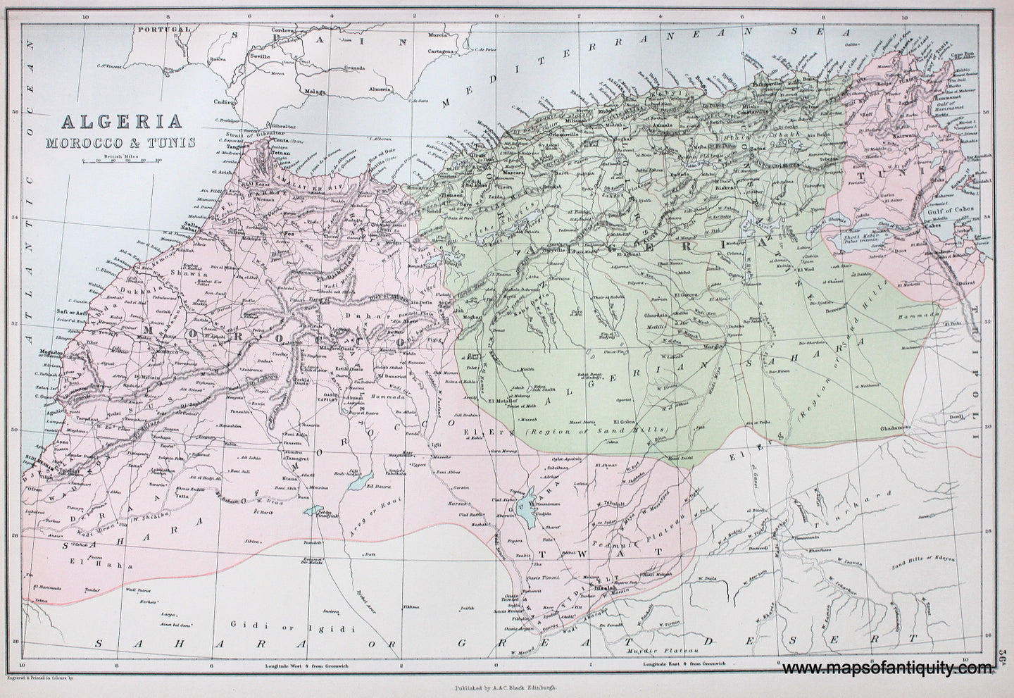Antique-printed-color-Map-Algeria-Morocco-&-Tunis-Africa-Algeria-1879-Black-Maps-Of-Antiquity
