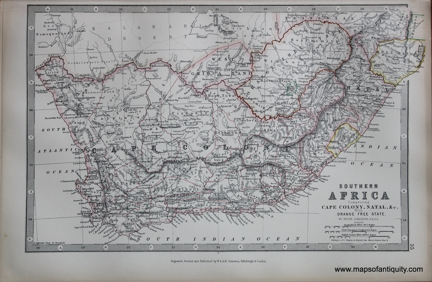 Antique-printed-color-Map-Southern-Africa-Comprising-Cape-Colony-Natal-&c.-With-Orange-Free-State-Africa-South-Africa-1881-Johnston-Maps-Of-Antiquity