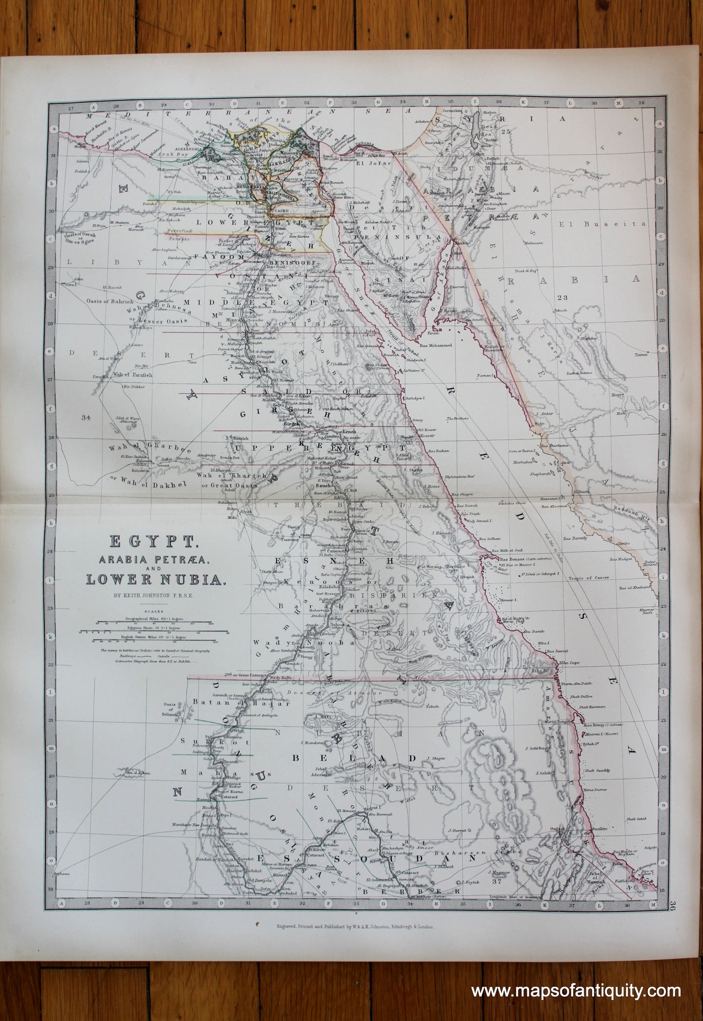 Antique-printed-color-Map-Egypt-Arabia-Petraea-and-Lower-Nubia-Africa-North-Africa-1881-Johnston-Maps-Of-Antiquity