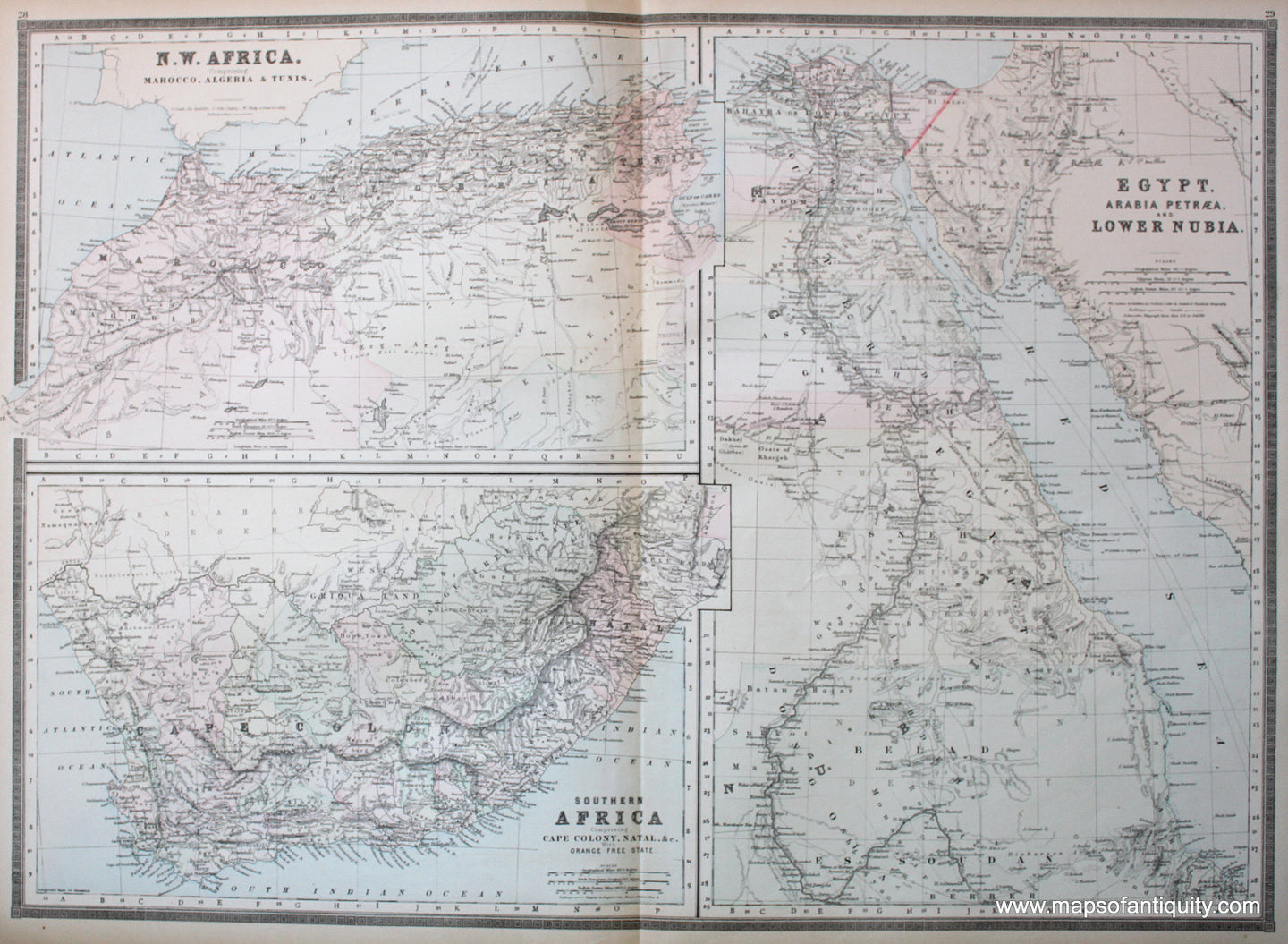 Antique-Hand-Colored-Map-N.W.-Africa-Comprising-Marocco-(Morocco)-Algeria-&-Tunis./Southern-Africa-comprising-Cape-Colony-Natal-&c.-with-Orange-free-State/Egypt-Arabia-Petraea-and-Lower-Nubia-Africa-North-West-Africa-Southern-Africa-Egypt-1887-Bradley-Maps-Of-Antiquity