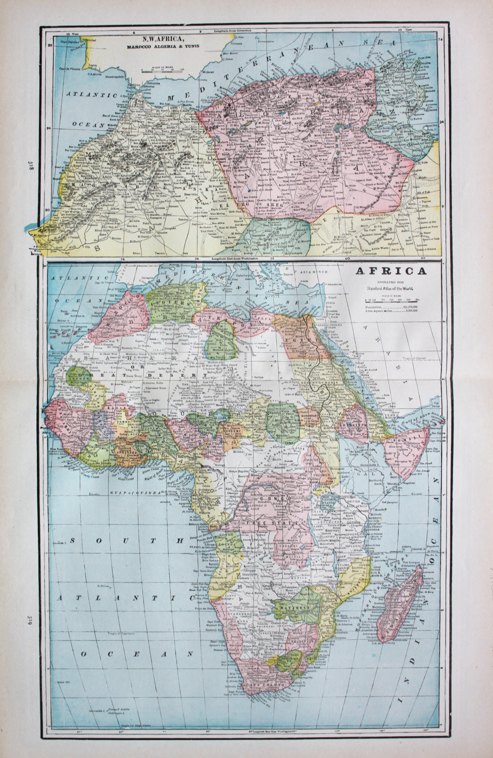 Antique-Printed-Color-Map-N.W.-Africa-Marocco-Algeria-&-Tunis-and-Africa-verso:-South-Africa-and-Smyrna-and-The-Maltese-Islands-Africa-Africa-General-1894-Cram-Maps-Of-Antiquity