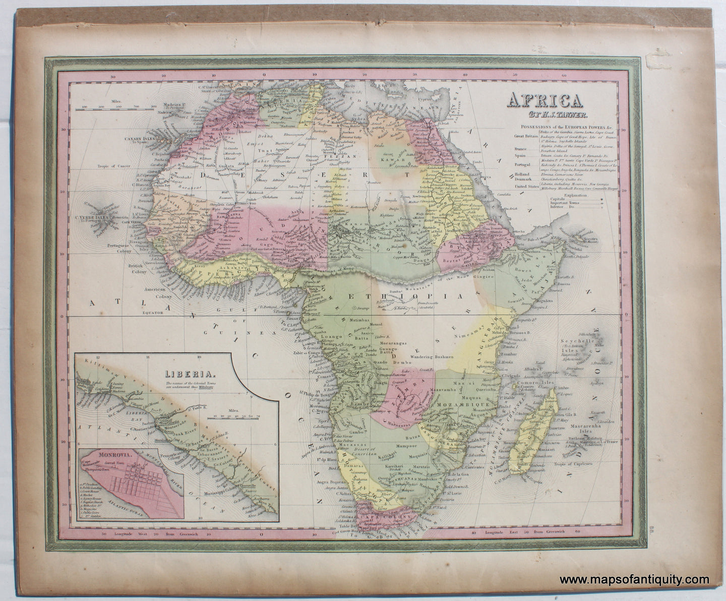 Antique-Hand-Colored-Map-Africa-**********-Africa-Africa-General-1846-Tanner-Maps-Of-Antiquity