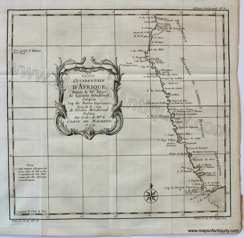 Antique-Map-Africa-Coste-Occidentale-d'Afrique-Angola-Namibia-South-Africa-Cape-of-Good-Hope-1739-Bellin