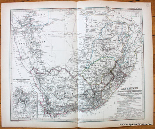 Antique-Map-Africa-South-Capland-Sud-Afrikanischen-freistaaten-Hottentotten-Kaffern-Stieler-1876-1870s-1800s-19th-century-Maps-of-Antiquity