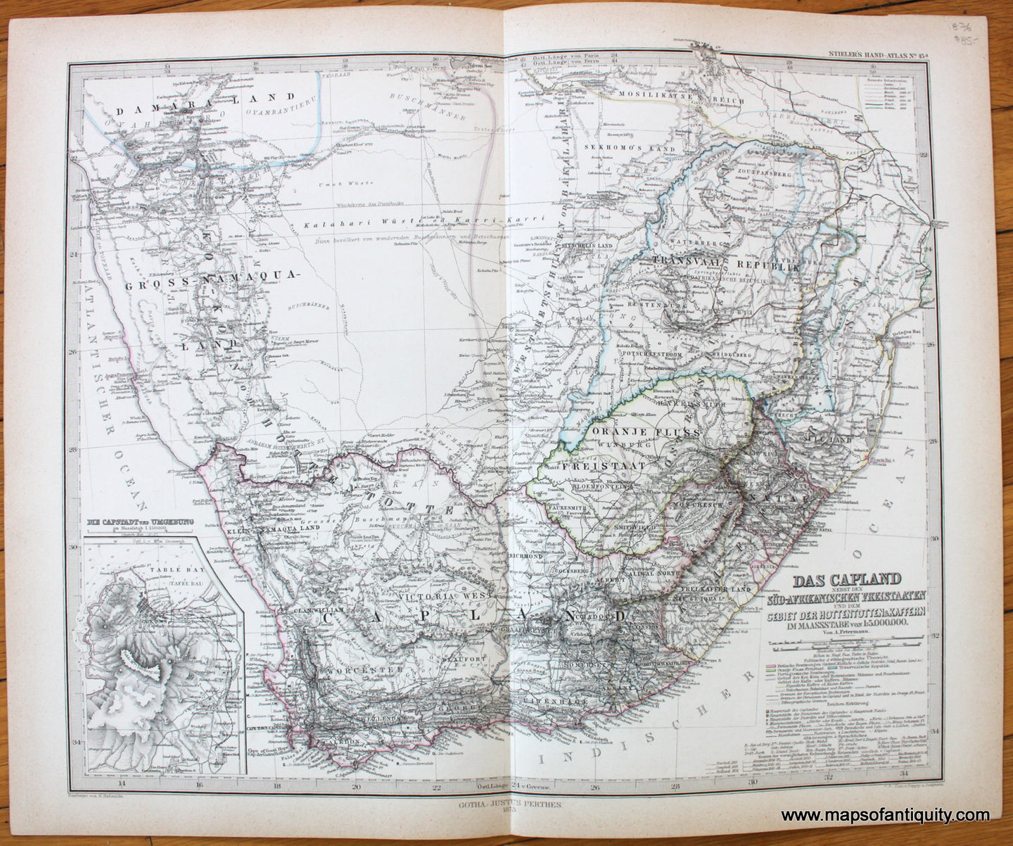 Antique-Map-Africa-South-Capland-Sud-Afrikanischen-freistaaten-Hottentotten-Kaffern-Stieler-1876-1870s-1800s-19th-century-Maps-of-Antiquity