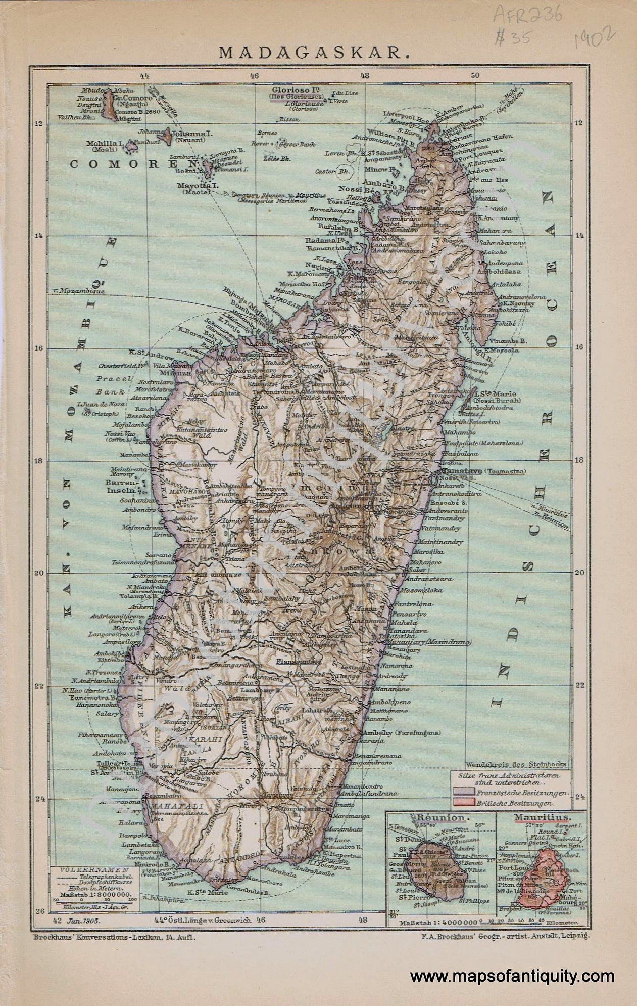 Antique-Printed-Color-Map-Madagascar-Madagaskar-1902-Brockhaus-Africa-Other-1800s-19th-century-Maps-of-Antiquity
