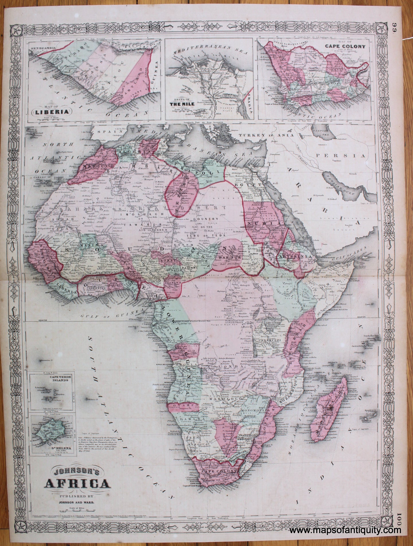 Antique-Hand-Colored-Map-Johnson's-Africa-1864-Johnson-&-Ward-1800s-19th-century-Maps-of-Antiquity