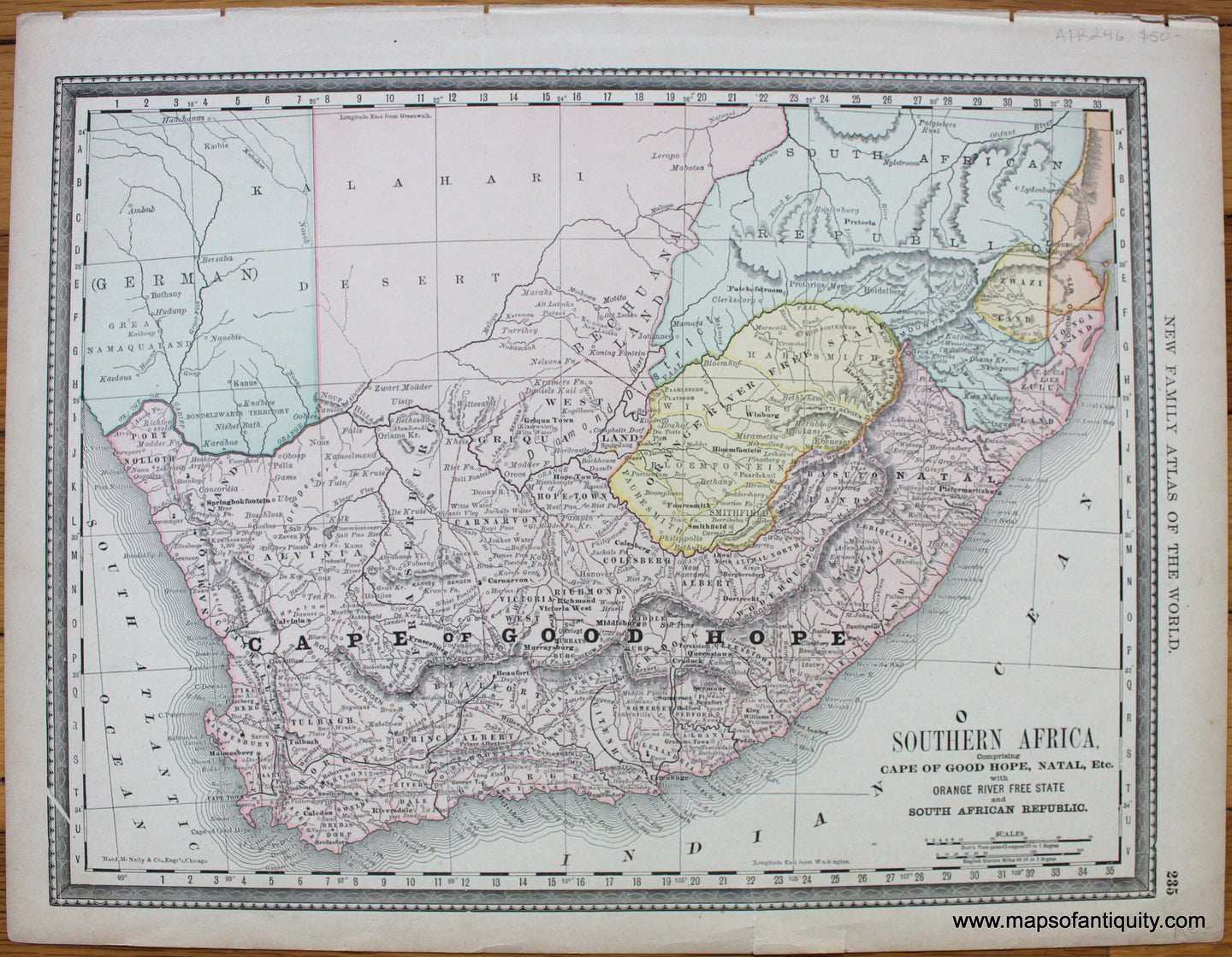 Antique-Printed-Color-Map-Southern-Africa-Comprising-Cape-of-Good-Hope-Natal-Etc.-with-Orange-River-Free-State-and-South-African-Republic-c.-1891-Rand-McNally-South-Africa-1800s-19th-century-Maps-of-Antiquity
