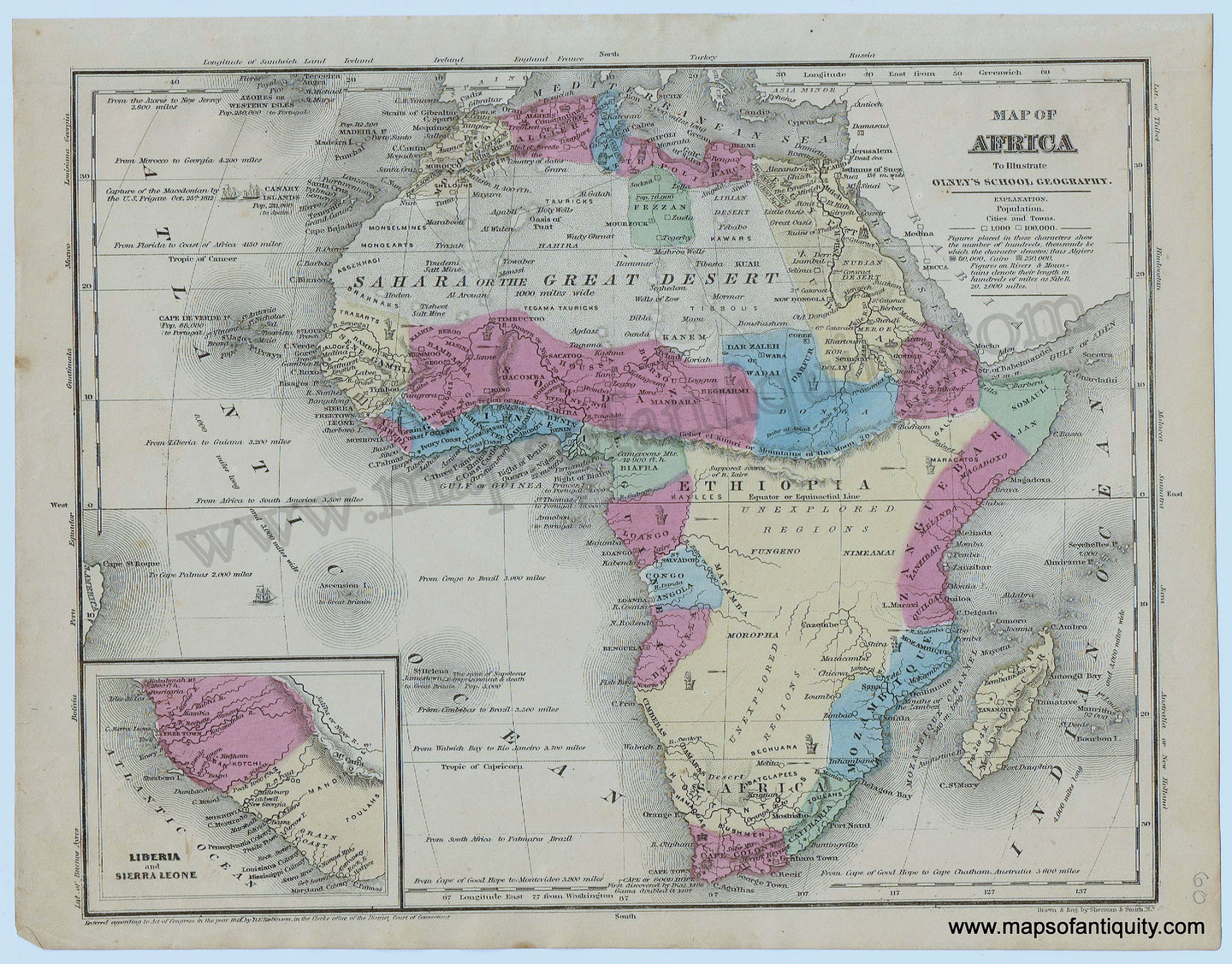 Antique-Hand-Colored-Map-Map-of-Africa-to-Illustrate-Olney's-School-Geograpy-1844-Robinson-/-Olney-1800s-19th-century-Maps-of-Antiquity