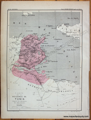 Antique-Printed-Color-Map-Tunis---Tunisia-1877-Fayard---1800s-19th-century-Maps-of-Antiquity