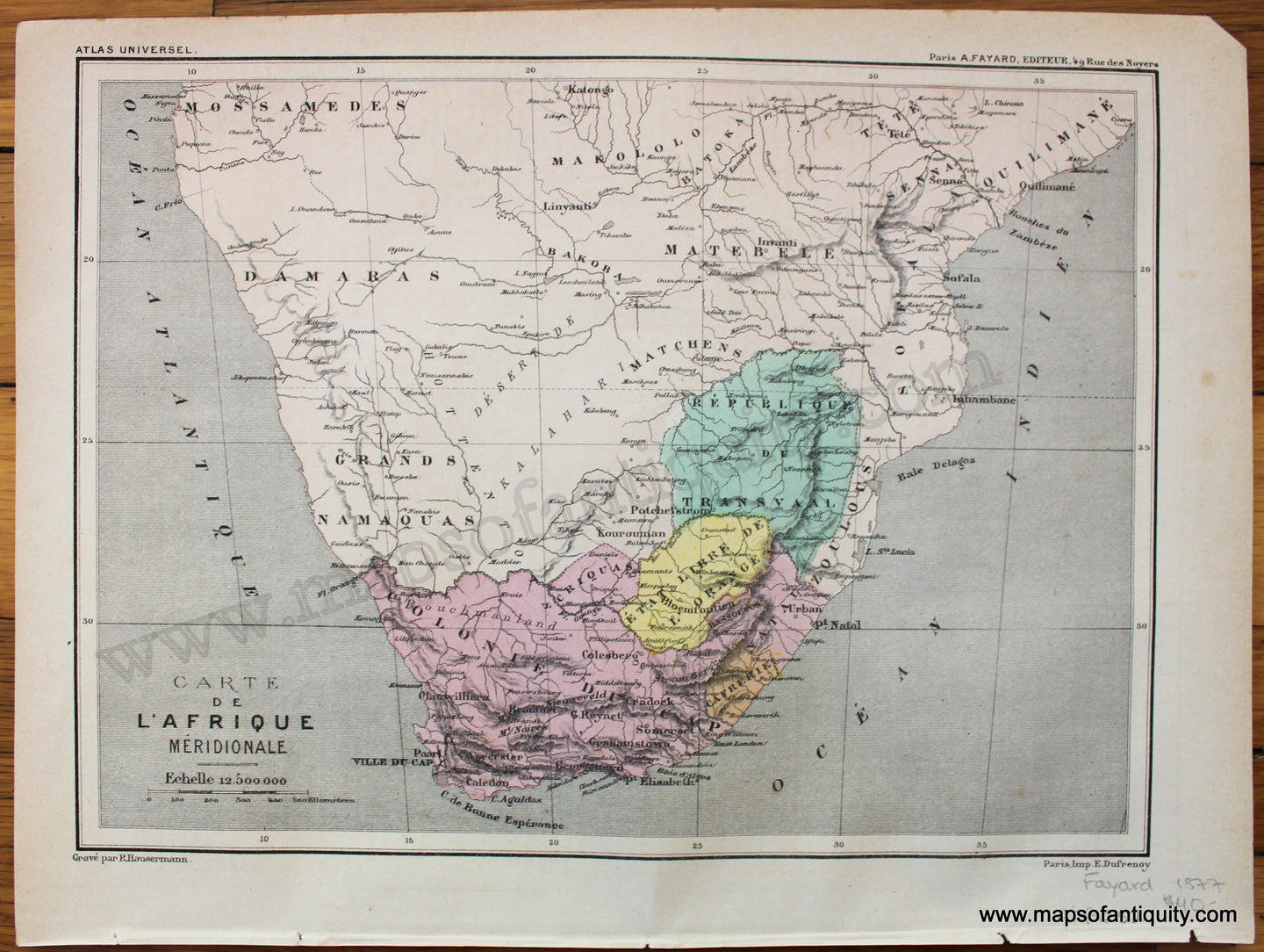 Antique-Printed-Color-Map-Carte-de-l'Afrique-Meridionale-1877-Fayard---1800s-19th-century-Maps-of-Antiquity