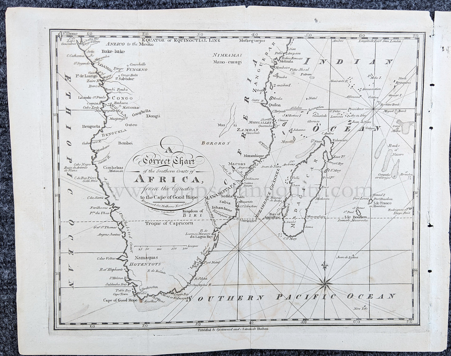 Genuine-Antique-Map-A-Correct-Chart-of-the-Southern-Coasts-of-Africa-from-the-Equator-to-the-Cape-of-Good-Hope-Africa--1796-Malham-Maps-Of-Antiquity-1800s-19th-century