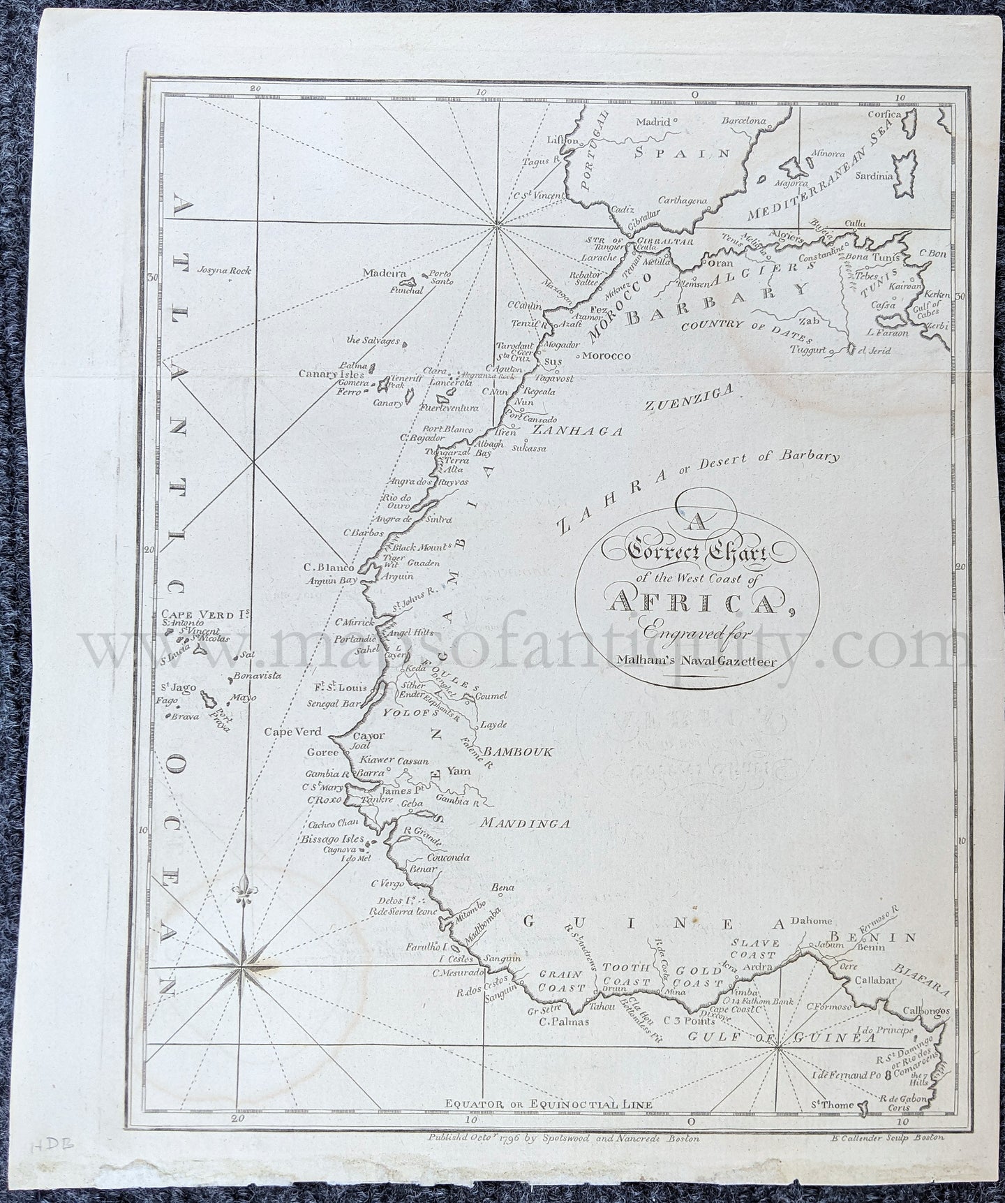 Genuine-Antique-Map-A-Correct-Chart-of-the-West-Coast-of-Africa-Engraved-for-Malham's-Naval-Gazetteer-Africa--1796-Malham-Maps-Of-Antiquity-1800s-19th-century