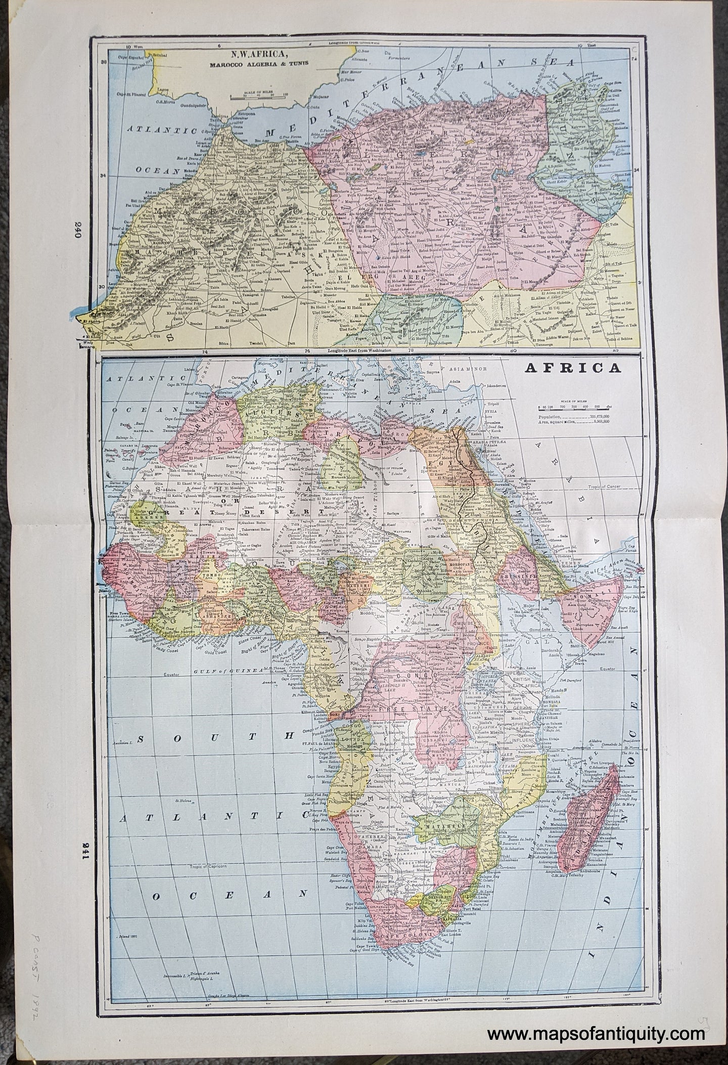 Genuine-Antique-Printed-Color-Comparative-Chart-Africa;-versos:-Oceanica-Map-Showing--Routes-of-Voyages-and-Discoveries-861-1685-Africa--1892-Home-Library-&-Supply-Association-Maps-Of-Antiquity-1800s-19th-century