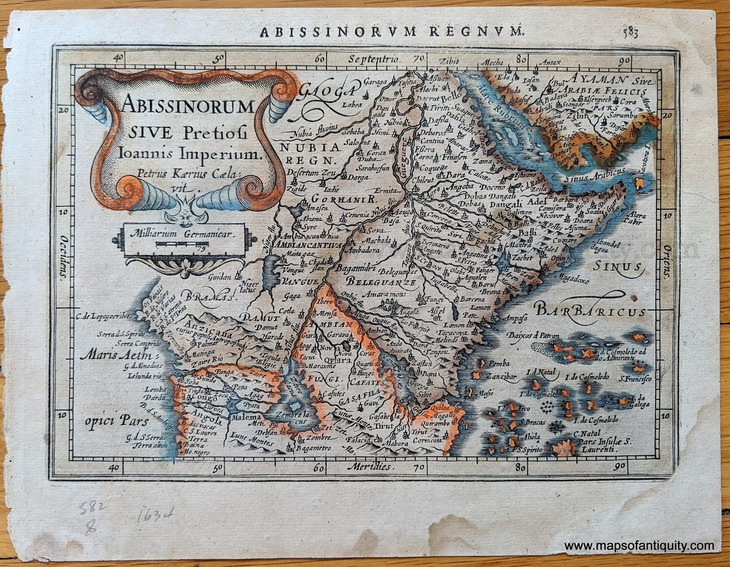 Genuine-Antique-Map-Abissinorum-Sive-Pretiosi-Ioannis-Imperium-Petrus-Kaeirus-Cela:vit.---Abissinia-Africa-Africa--1628-Mercator-Maps-Of-Antiquity-1800s-19th-century