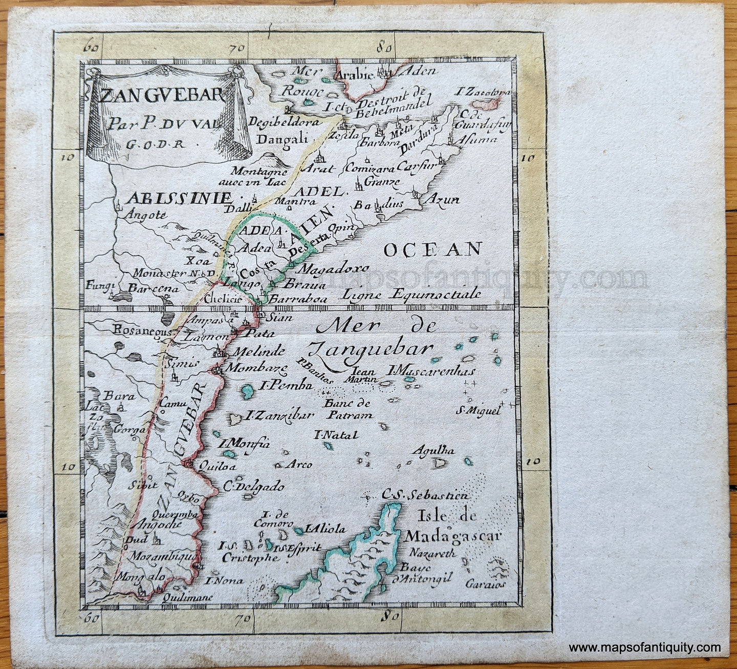 Genuine-Antique-Map-Zanguebar.-Par-P.-Duval-G.O.D.R.-Africa--1663-Du-Val-Maps-Of-Antiquity-1800s-19th-century