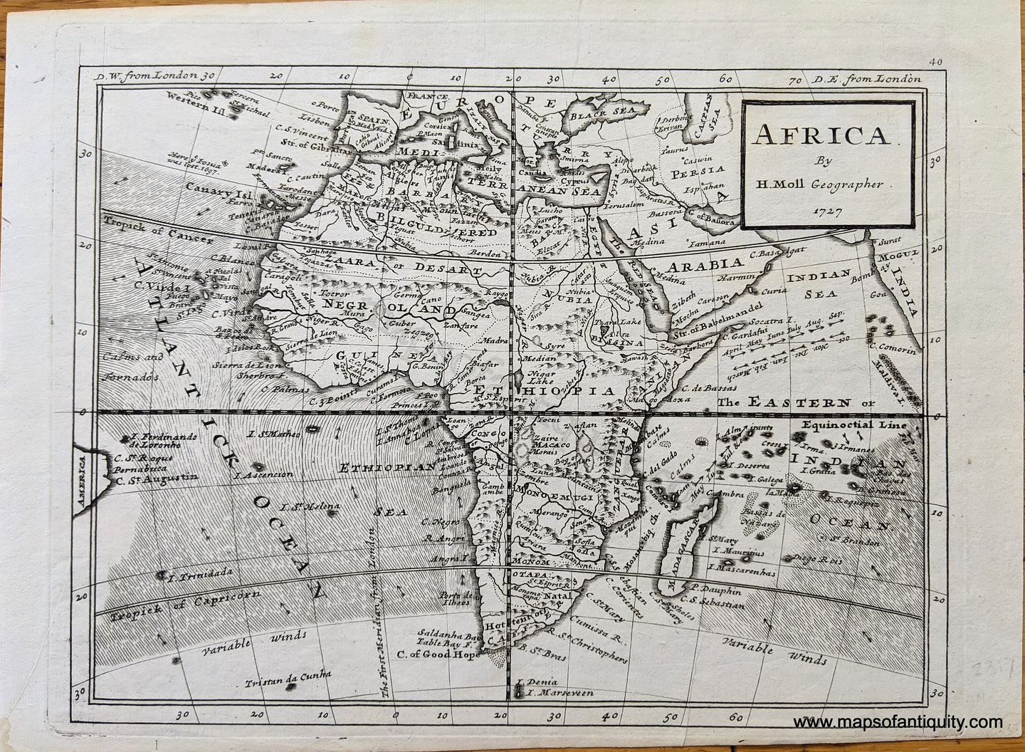 Genuine-Antique-Map-Africa-Africa--1727-Moll-Maps-Of-Antiquity-1800s-19th-century