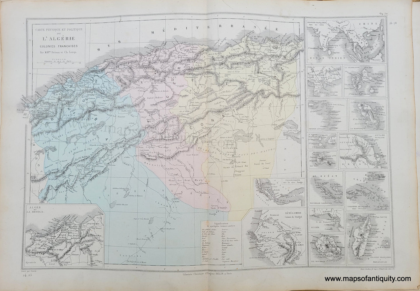 Genuine-Antique-Map-Carte-Physique-et-Politique-de-l'-Algerie,-Colonies-Francaises---Physical-and-Political-Map-of-Algeria-with-the-French-Colonies-1875-Drioux-&-Leroy-AFR279-Maps-Of-Antiquity