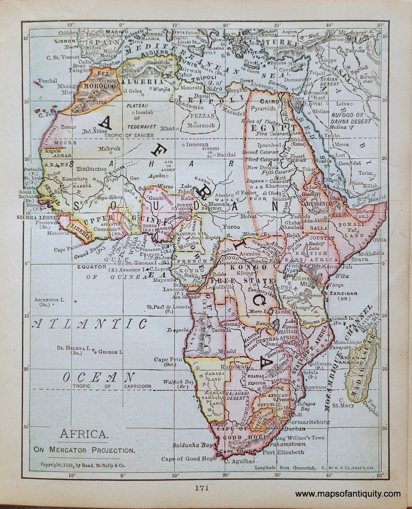 Genuine-Antique-Map-Africa-1900-Rand-McNally-Maps-Of-Antiquity
