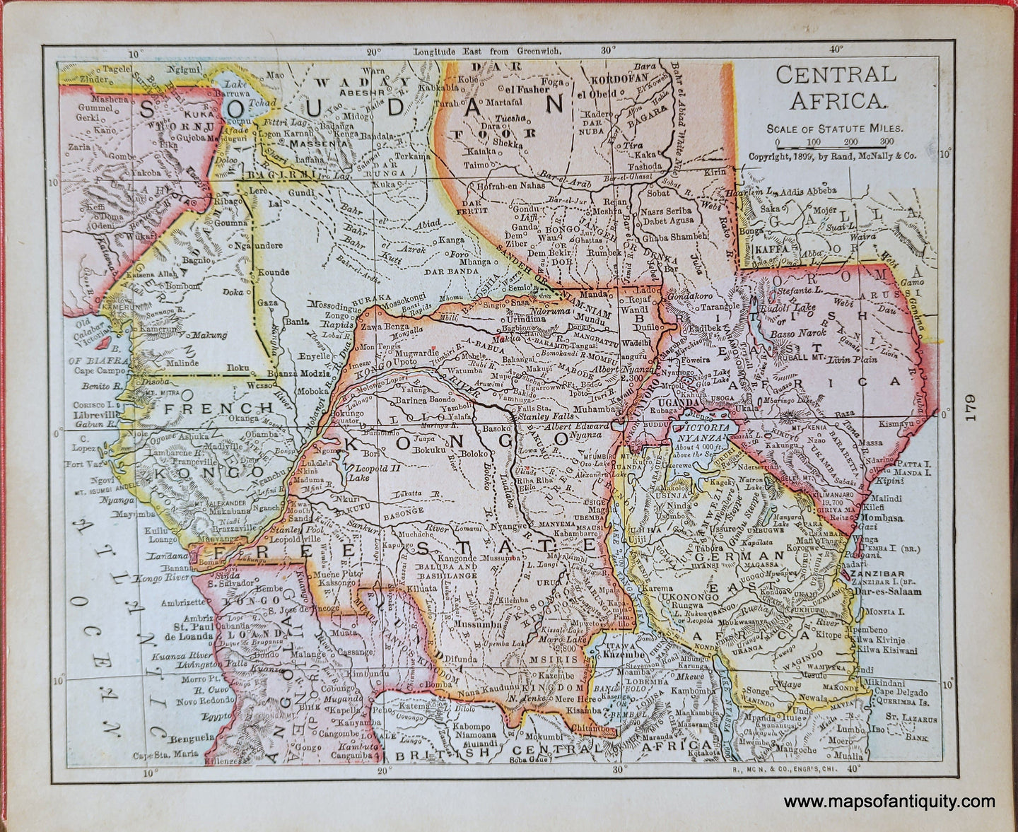 Genuine-Antique-Map-Central-Africa-1900-Rand-McNally-Maps-Of-Antiquity