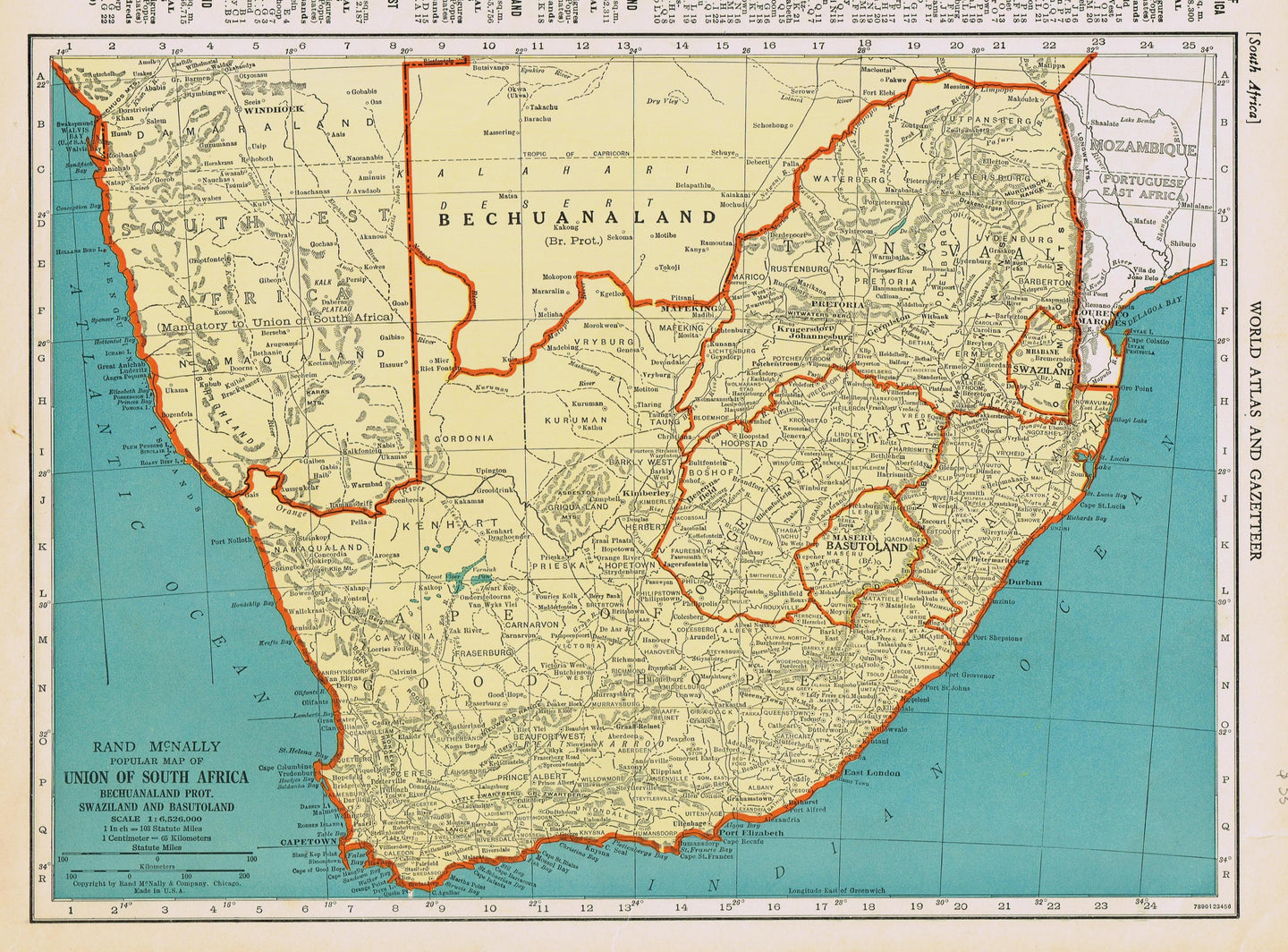 Genuine-Antique-Map-Popular-Map-of-Union-of-South-Africa-Bechuanaland-prot-Swaziland-and-Basutoland--1940-Rand-McNally-Maps-Of-Antiquity