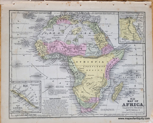 Genuine-Antique-Map-No-25-Map-of-Africa-Engraved-to-Illustrate-Mitchells-School-and-Family-Geography-Africa-1851-Mitchell-Maps-Of-Antiquity-1800s-19th-century