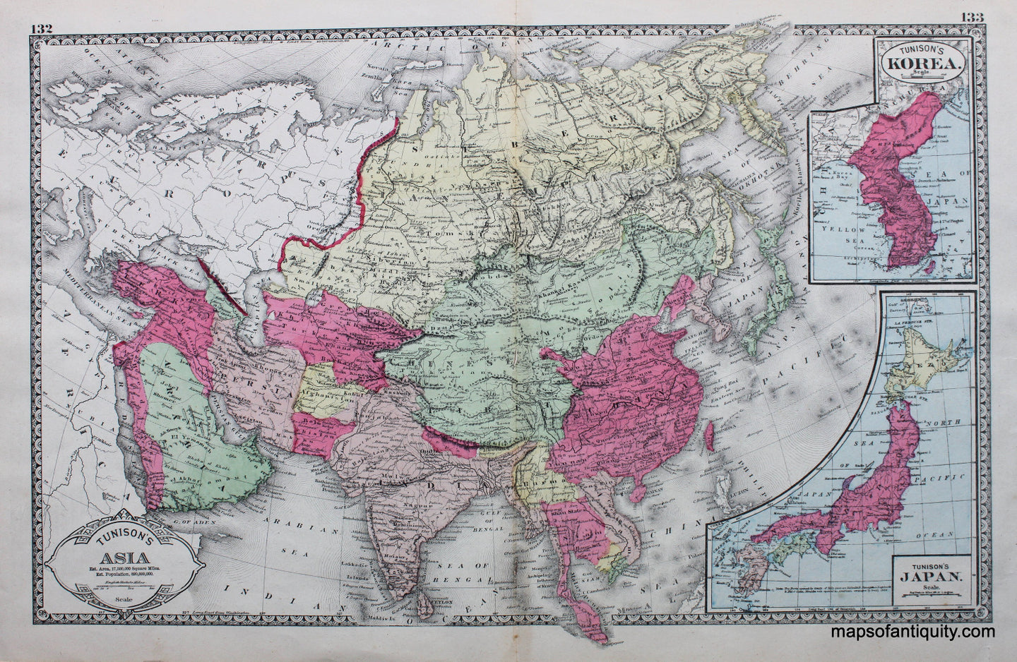 Antique-Hand-Colored-Map-Tunison's-Asia-Japan-Korea-******-Asia--1885-Tunison-Maps-Of-Antiquity