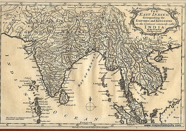 Black-and-White-Antique-Map-The-East-Indies-distinguishing-the-Empires-and-Kingdoms-on-the-Continent-commonly-call'd-India:-By-the-Sr.-Robert-with-Improvements.-********-Asia-Southeast-Asia-1759-Coote-Maps-Of-Antiquity