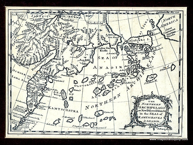 Black-and-White-Antique-Map-The-Northern-Archipelago-or-New-Discovered-Islands-in-the-Seas-of-Kamtschatka-&-Anadir.-Asia-Asia-Russia-1775-Thomas-Bowen-Maps-Of-Antiquity