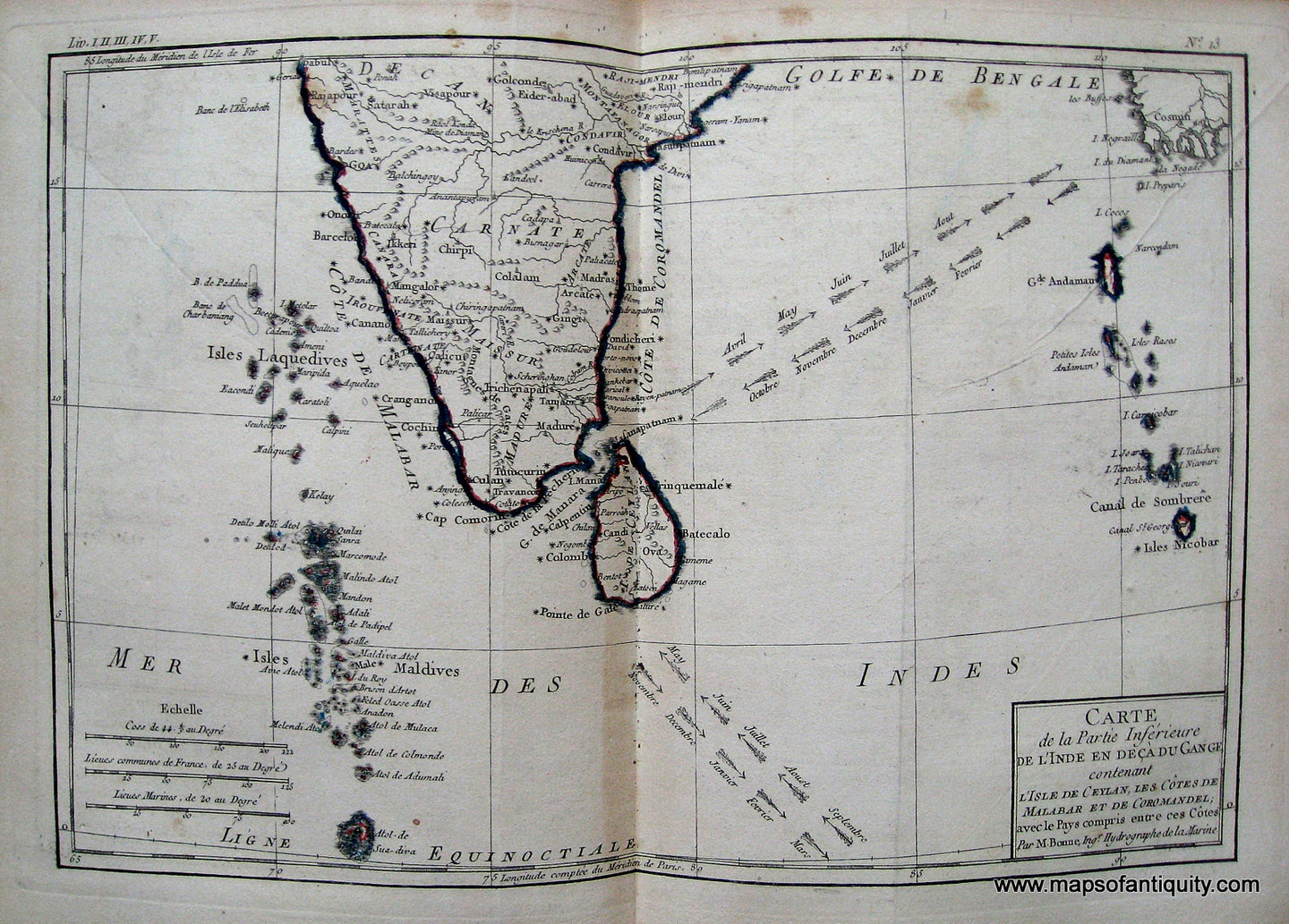 Antique-Hand-Colored-Map-Carte-de-la-Partie-Inferieure-de-l'Inde-en-de-ca-du-Gange-etc.-Asia-India-1780-Raynal-and-Bonne-Maps-Of-Antiquity