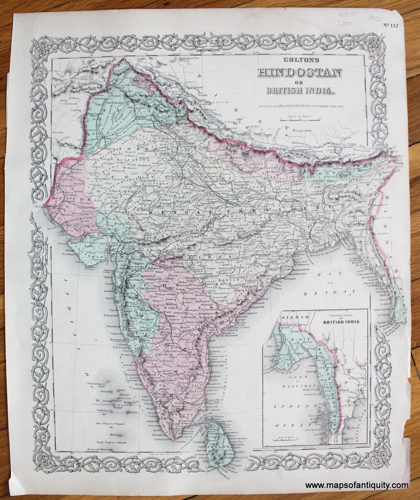 Antique-Hand-Colored-Map-Colton's-Hindostan-or-British-India.-India--c.-1880-Colton-Maps-Of-Antiquity