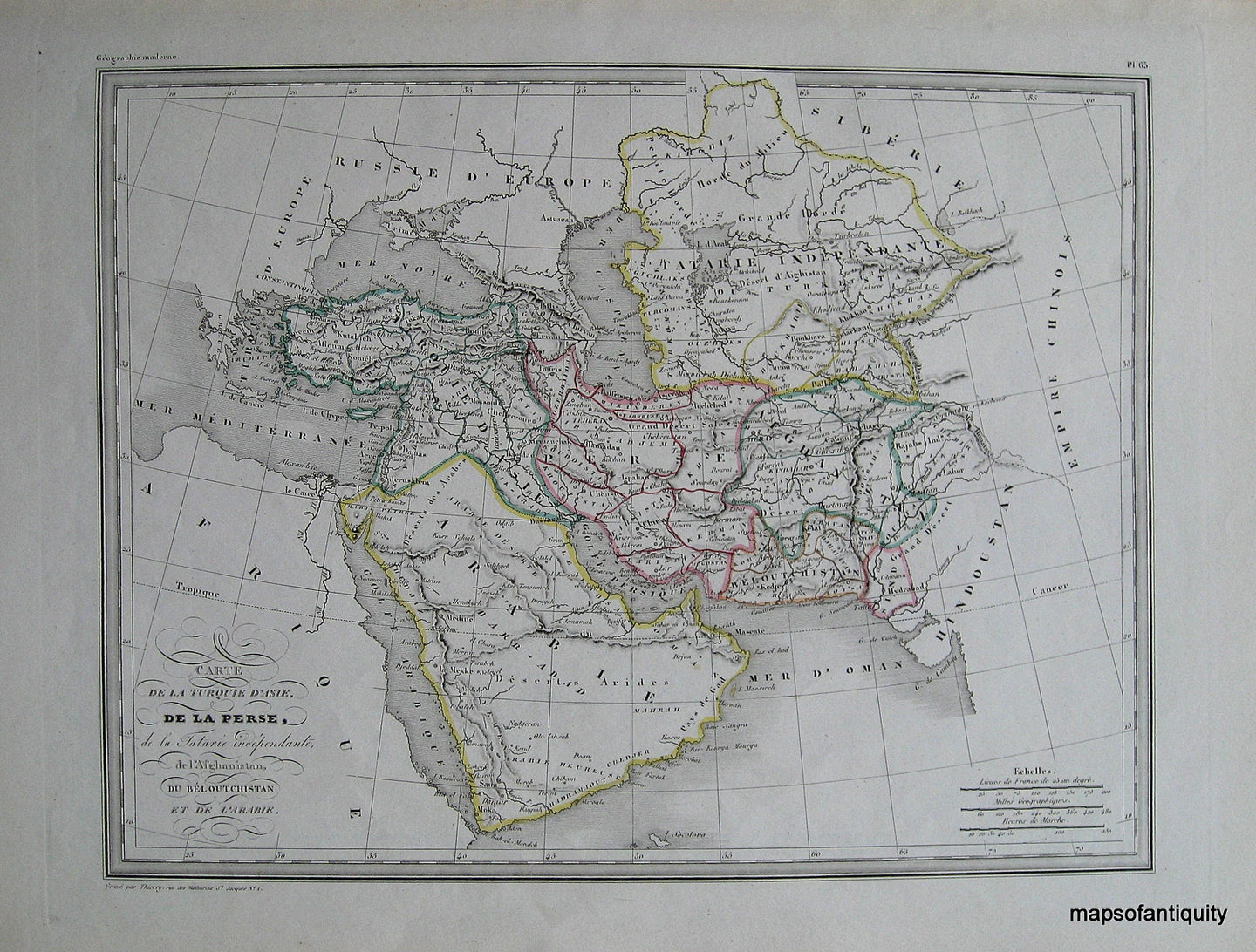 Antique-Hand-Colored-Map-Carte-de-la-Turquie-d'Asie-de-la-Perse-de-la-Tartarie-de-l'Afghanistan-du-Beloutchistan-et-de-l'Arabie.-**********-Asia--1842-Malte-Brun-Maps-Of-Antiquity