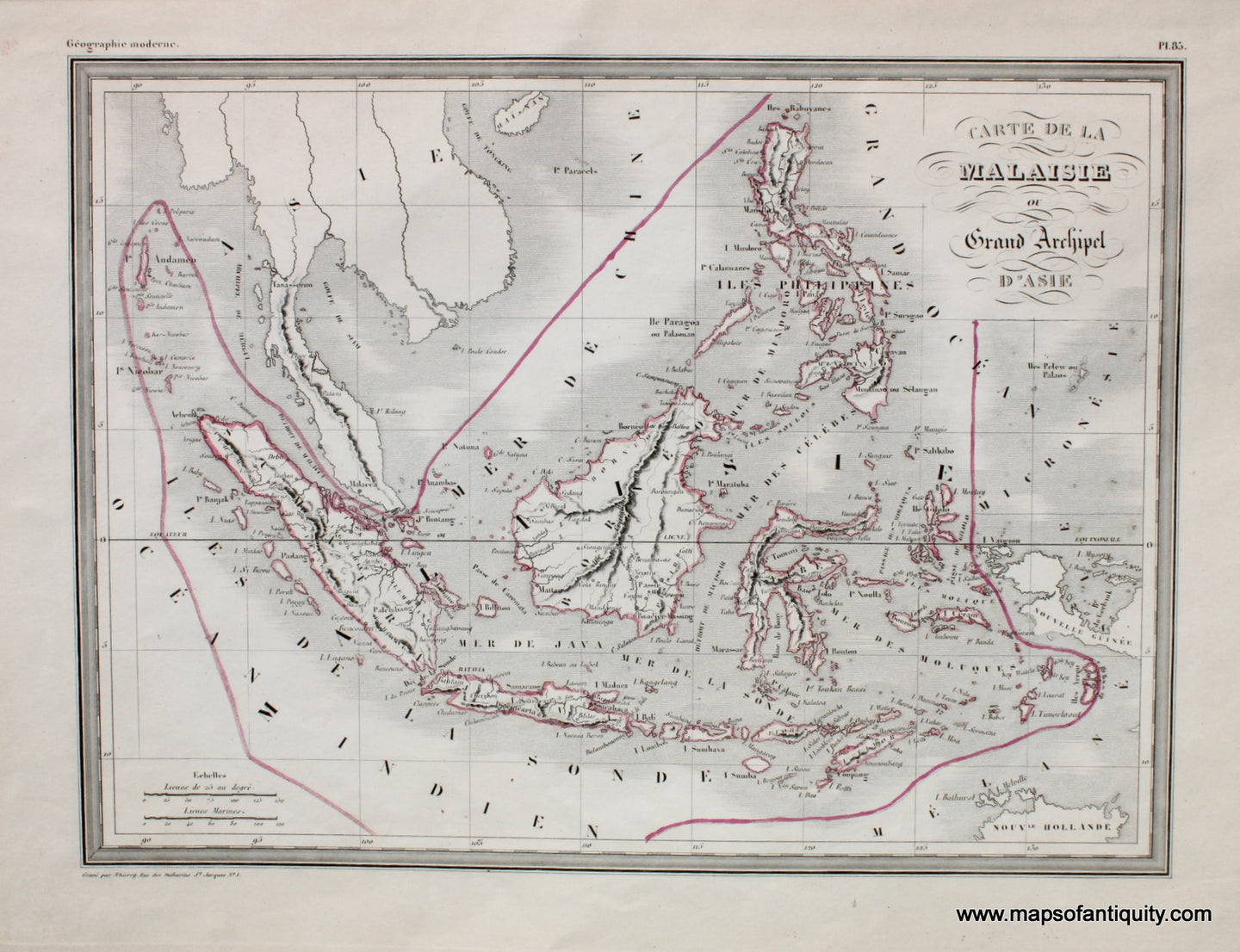 Antique-Hand-Colored-Map-Carte-de-la-Malaisie-ou-Grand-Archipel-d'Asie.-Asia--1842-Malte-Brun-Maps-Of-Antiquity