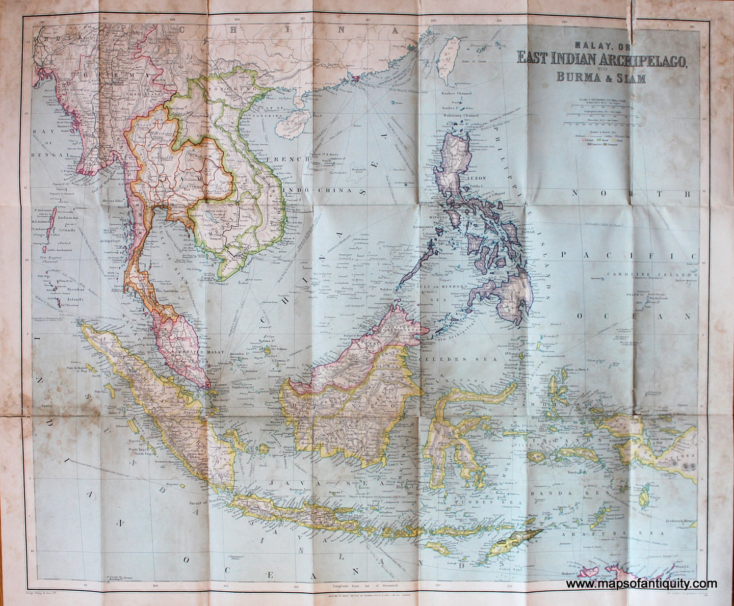 Antique-Folding-Map-Philips'-Authentic-Imperial-Maps-for-Tourists-&-Travellers-East-Indies-Malay-or-East-Indian-Archipelago-with-Burma-&-Siam-Southeast-Asia--1930-Philips-Maps-Of-Antiquity