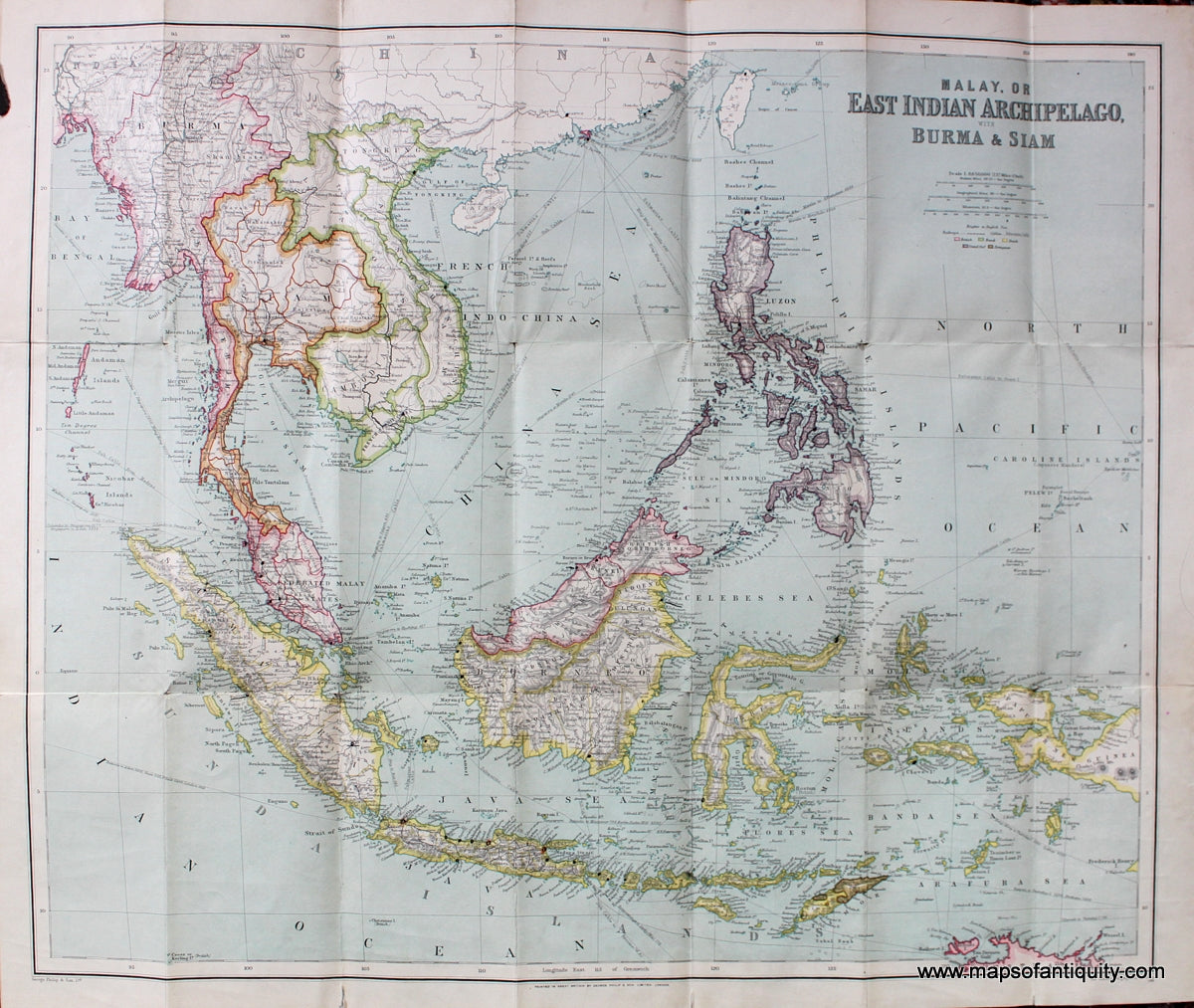 Antique-Folding-Map-East-Indies-Malay-or-East-Indian-Archipelago-with-Burma-&-Siam-East-Indies--1900-Philips'-Authentic-Imperial-Maps-Maps-Of-Antiquity