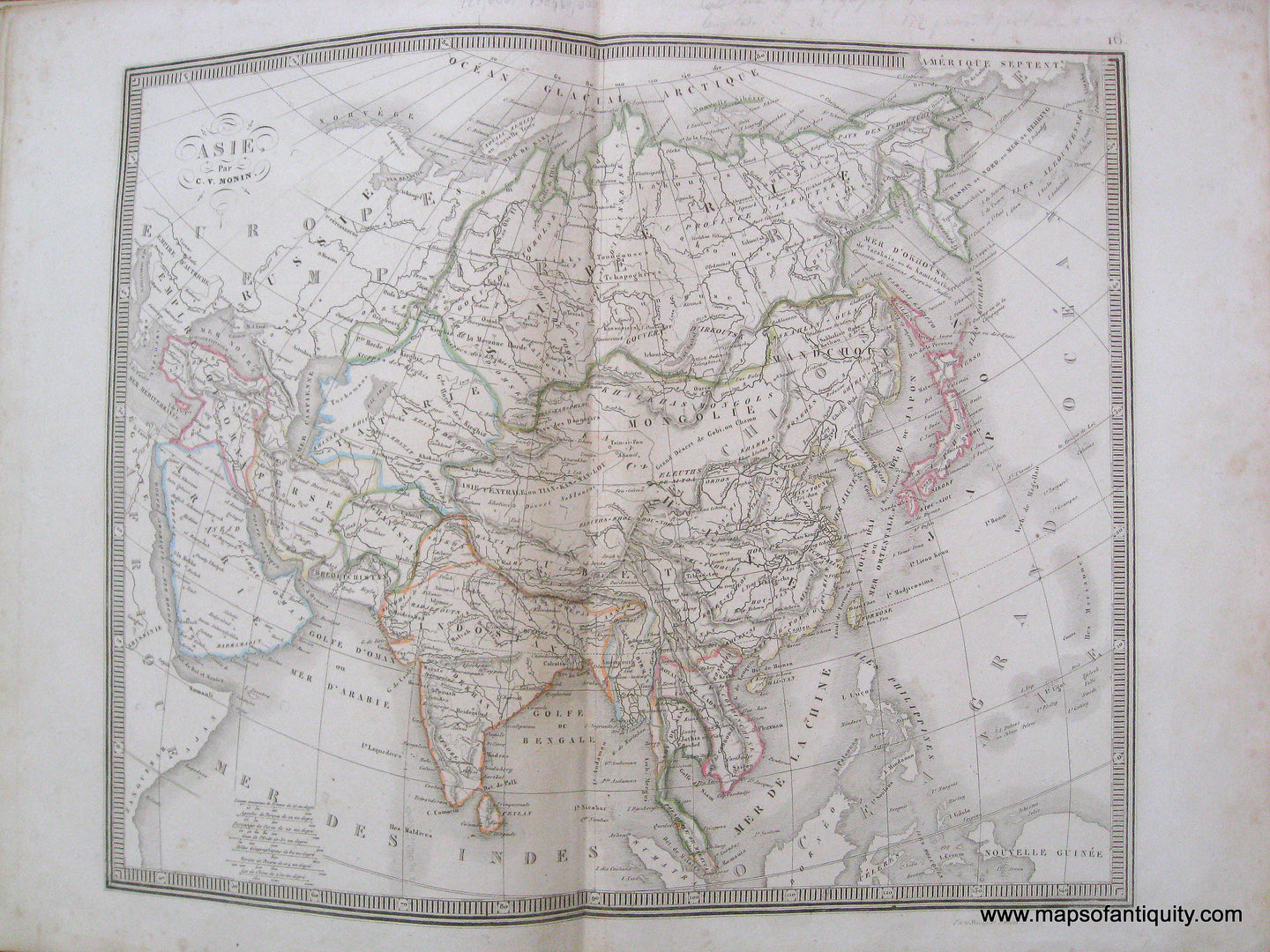 Antique-Hand-Colored-Map-Asie-(Asia-1846-Monin-1800s-19th-century-Maps-of-Antiquity